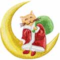 Christmas Cat sitting on a crescent moon machine embroidery design